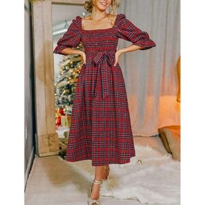 Cupshe Red Plaid Midi Dress with Puff Sleeves